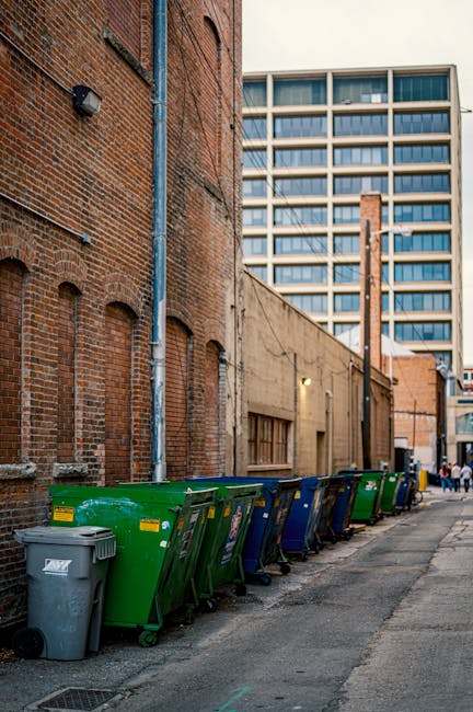 A street scene in an urban area featuring a blue rubbish collection truck operated by Rubbish Clearance Paddington positioned in the middle of the paved pedestrian street. The truck's rear is open, revealing various waste collection compartments and tools, with two workers in high-visibility uniforms standing at the back, engaging with the vehicle. Surrounding the truck, several pedestrians walk along the street, some observing the waste collection process, while others are engaged in conversation or browsing store fronts on the ground level of the multi-storey buildings on either side. These buildings exhibit traditional European architectural details, including balconies with metal railings and stone facades, some with awnings or potted plants. A street lamp with a rounded lantern is visible to the right of the truck, and festive decorations, resembling geometric wireframe structures and a star, hang overhead against a pale sky. The overall scene captures a typical city environment involving periodic waste management activities, with an emphasis on private refuse collection services in a busy shopping district.