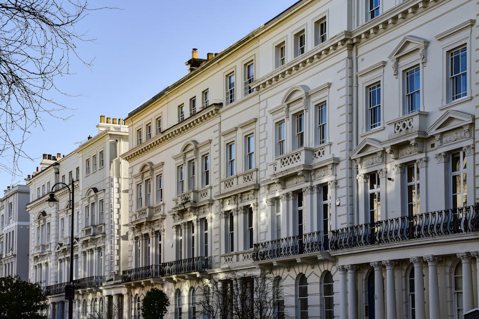 The image depicts a row of elegant, multi-storey residential buildings with classic architectural features, including white stucco facades, decorative cornices, and ornate window moldings. Each building has large, rectangular sash windows with white frames, some of which include small decorative balconies supported by ornate brackets and taken with intricate black wrought-iron railings. The structures are aligned along a paved street or pathway, with the lower levels set behind a series of evenly spaced, white stone columns supporting a balcony on the first floor. In the foreground, a leafless tree with thin branches extends into the frame, indicating a possible winter or early spring setting. Soft natural daylight illuminates the facades, casting gentle shadows that highlight the detailed architectural embellishments. To the left, a traditional black street lamp adds to the classic aesthetic typical of central London terraces, which are often subject to private or independent refuse collection services such as those offered by Rubbish Clearance Paddington, for efficient waste removal from period residential properties in the area.